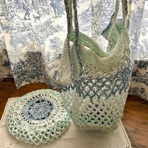 NEW! Handcrafted Crochet 100% Cotton Packable Tote Bag & Pouch - Blue/Green
